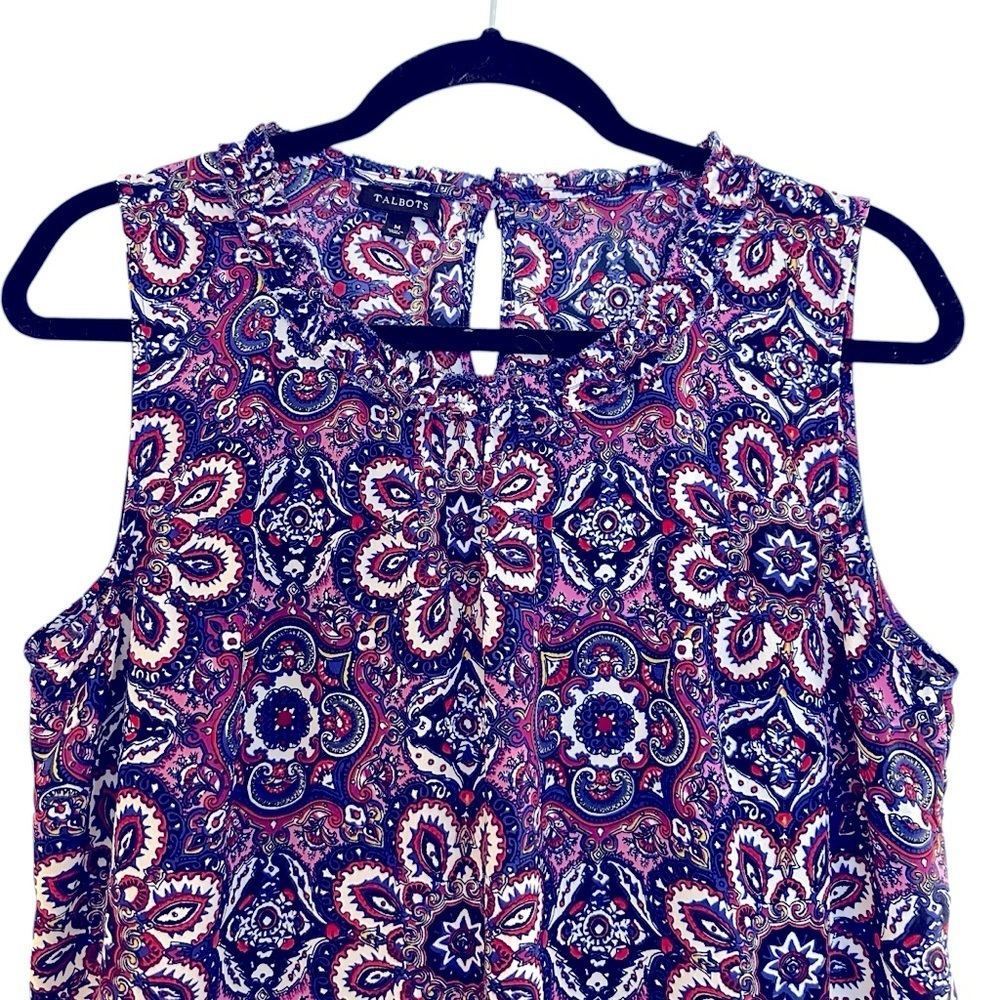 Talbots boho paisley ruffle neck ruched sleeveless top Medium - Picture 5 of 13